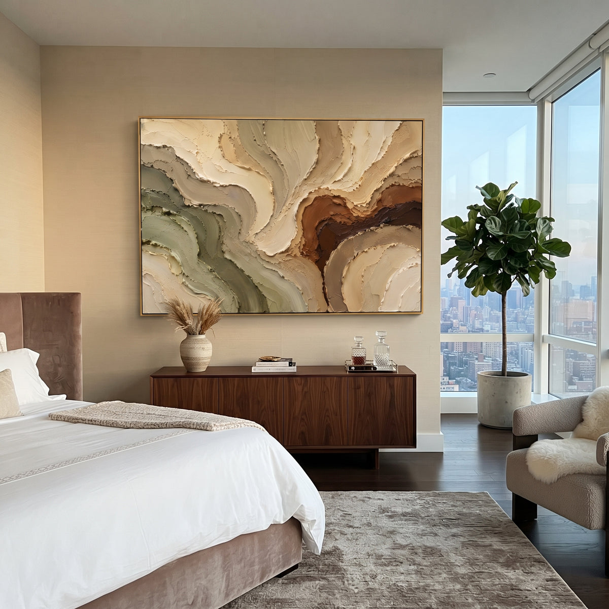Warm Earth Flow Relief focuses on this hand-painted textured canvas features warm earth-toned flowing plaster forms, sage green and brown bands, carved raised edges, and organic terrain-like motion. The composition is described from the actual main image, so the visible subject, color balance, spacing, and surface movement stay specific to this product instead of reading like a batch title. Raised palette-knife layers, sculpted impasto ridges, softened brush transitions, and tactile handmade