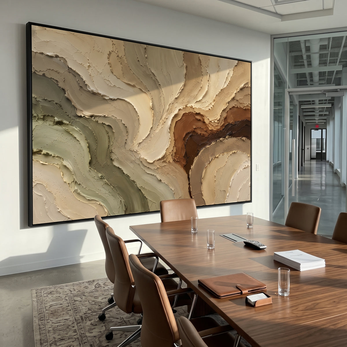 Warm Earth Flow Relief focuses on this hand-painted textured canvas features warm earth-toned flowing plaster forms, sage green and brown bands, carved raised edges, and organic terrain-like motion. The composition is described from the actual main image, so the visible subject, color balance, spacing, and surface movement stay specific to this product instead of reading like a batch title. Raised palette-knife layers, sculpted impasto ridges, softened brush transitions, and tactile handmade