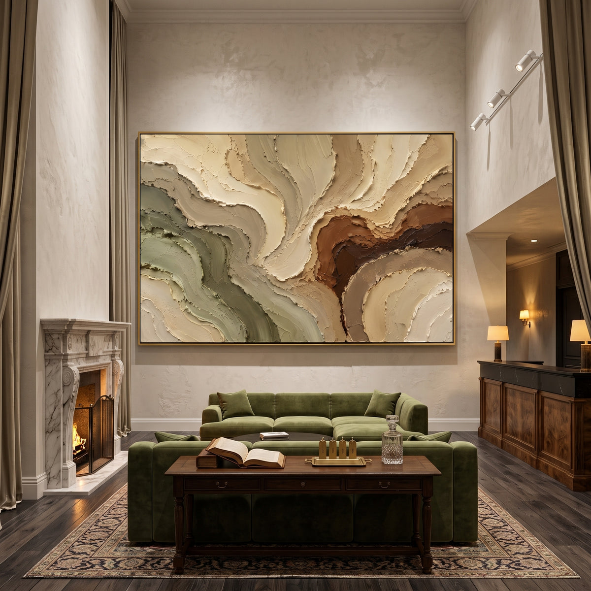 Warm Earth Flow Relief focuses on this hand-painted textured canvas features warm earth-toned flowing plaster forms, sage green and brown bands, carved raised edges, and organic terrain-like motion. The composition is described from the actual main image, so the visible subject, color balance, spacing, and surface movement stay specific to this product instead of reading like a batch title. Raised palette-knife layers, sculpted impasto ridges, softened brush transitions, and tactile handmade