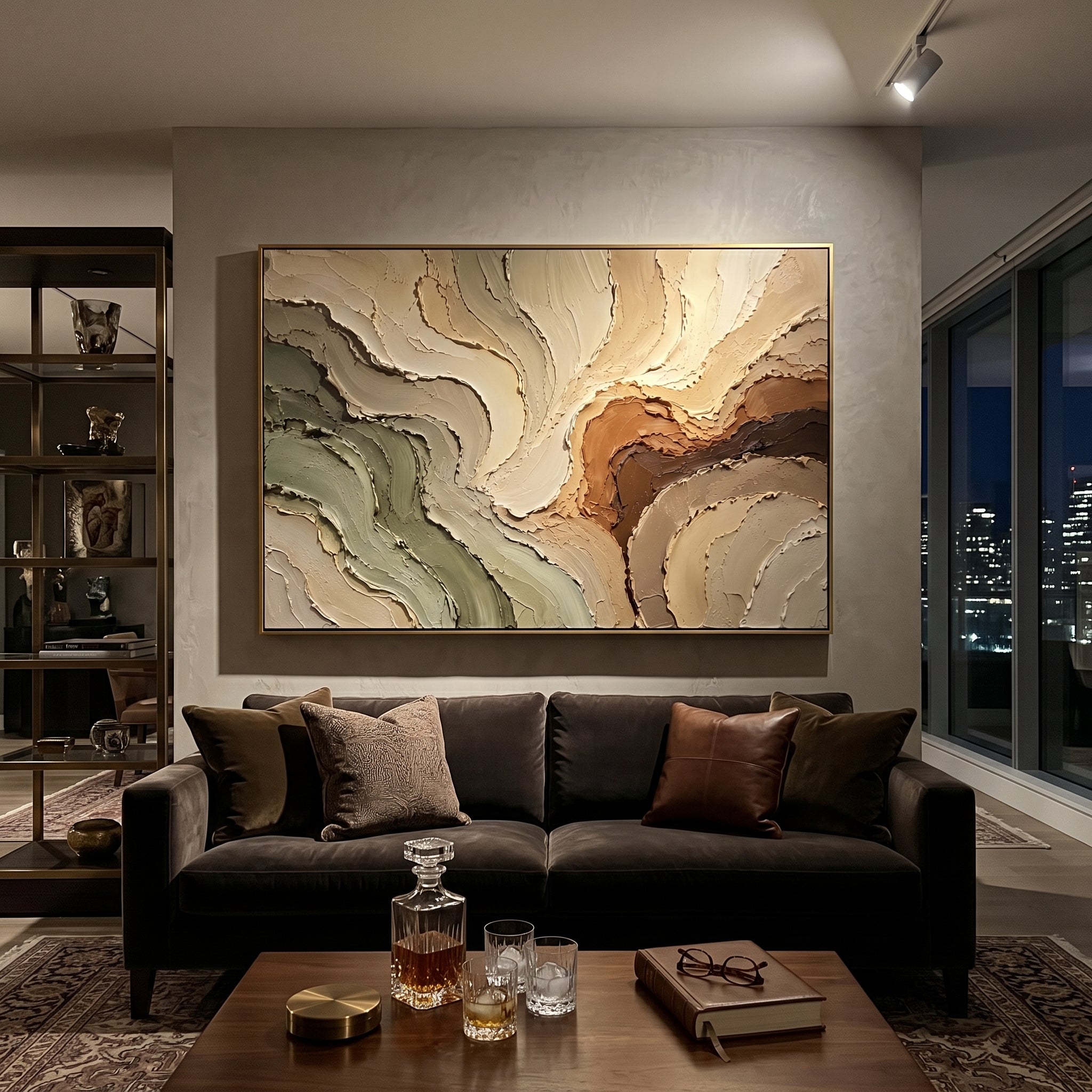 Warm Earth Flow Relief focuses on this hand-painted textured canvas features warm earth-toned flowing plaster forms, sage green and brown bands, carved raised edges, and organic terrain-like motion. The composition is described from the actual main image, so the visible subject, color balance, spacing, and surface movement stay specific to this product instead of reading like a batch title. Raised palette-knife layers, sculpted impasto ridges, softened brush transitions, and tactile handmade