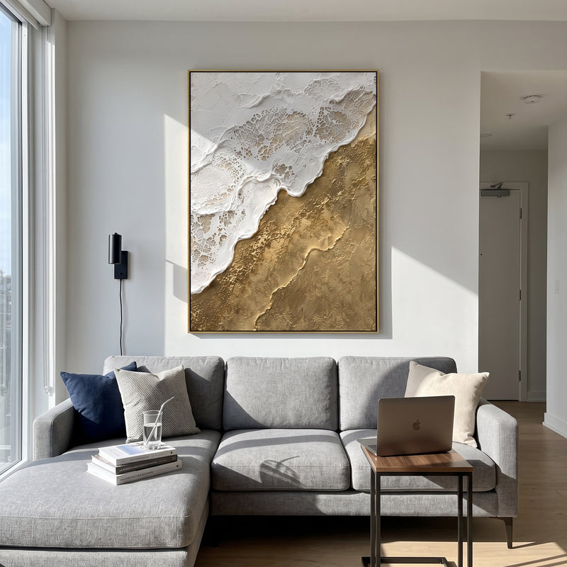 "Gold White Topographic Relief" - Modern Heavy Impasto Topographic Abstract | Gold & White Palette Knife Painting | Luxury Vertical Wall Art #PT 1754