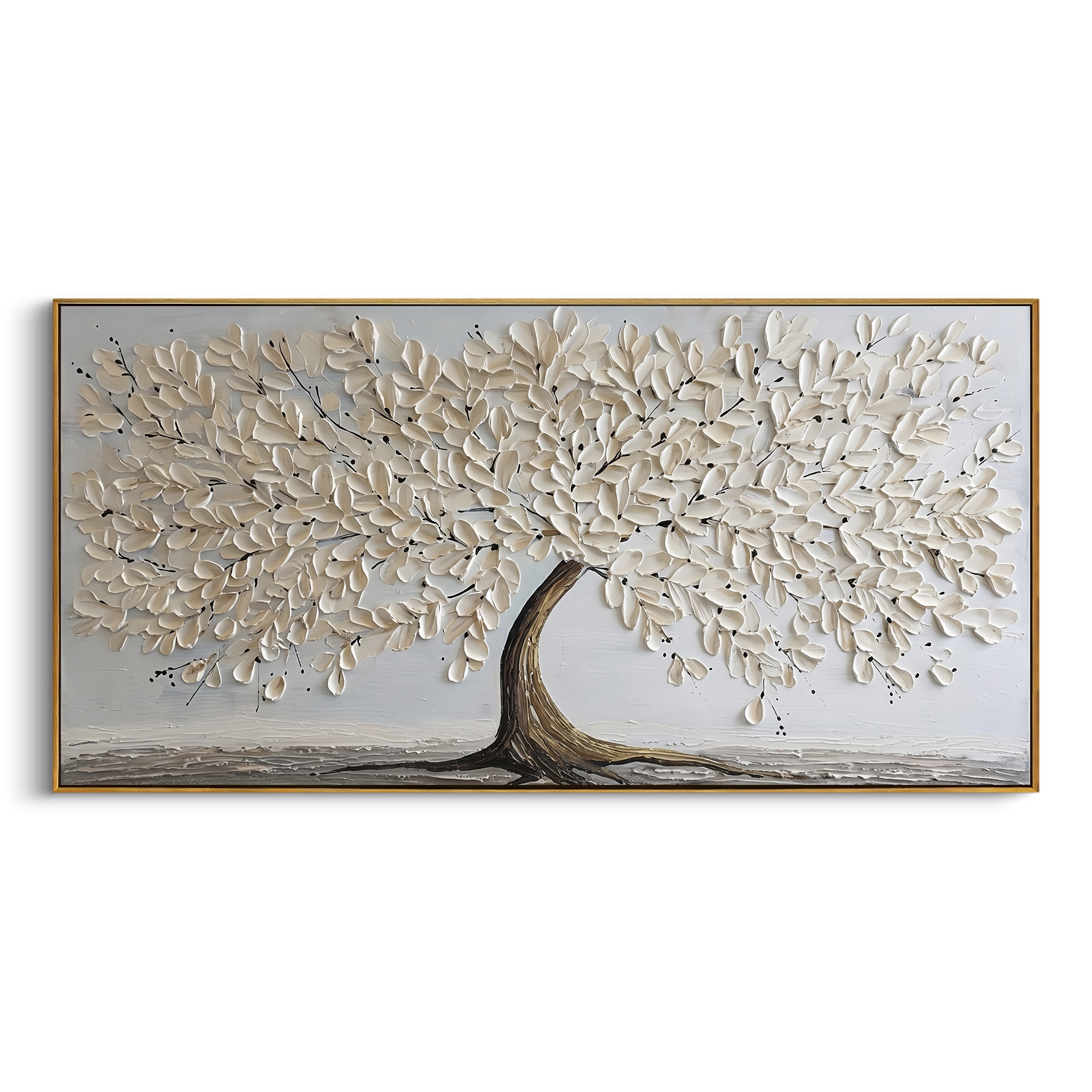 White Blossom Tree Relief focuses on this hand-painted textured canvas features a wide white blossom tree with a brown trunk, raised petal texture, and a soft grey ground. The composition is described from the actual main image, so the visible subject, color balance, spacing, and surface movement stay specific to this product instead of reading like a batch title. Raised palette-knife layers, sculpted impasto ridges, softened brush transitions, and tactile handmade texture give the canvas
