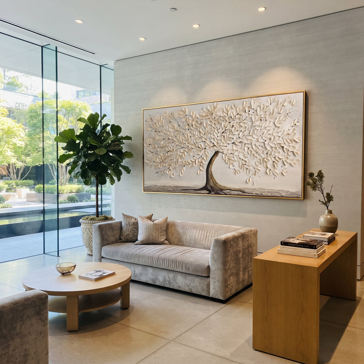 White Blossom Tree Relief focuses on this hand-painted textured canvas features a wide white blossom tree with a brown trunk, raised petal texture, and a soft grey ground. The composition is described from the actual main image, so the visible subject, color balance, spacing, and surface movement stay specific to this product instead of reading like a batch title. Raised palette-knife layers, sculpted impasto ridges, softened brush transitions, and tactile handmade texture give the canvas