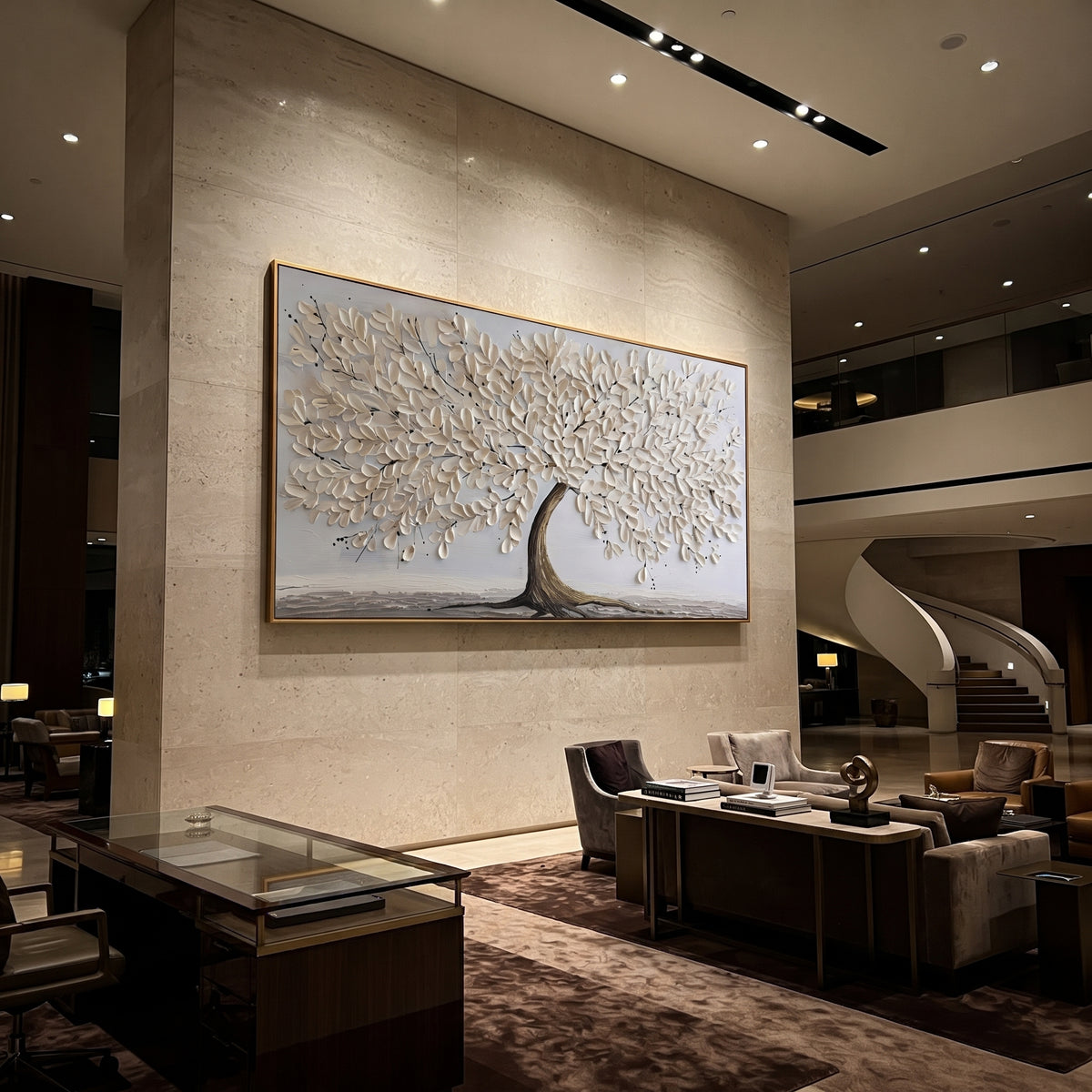 White Blossom Tree Relief focuses on this hand-painted textured canvas features a wide white blossom tree with a brown trunk, raised petal texture, and a soft grey ground. The composition is described from the actual main image, so the visible subject, color balance, spacing, and surface movement stay specific to this product instead of reading like a batch title. Raised palette-knife layers, sculpted impasto ridges, softened brush transitions, and tactile handmade texture give the canvas