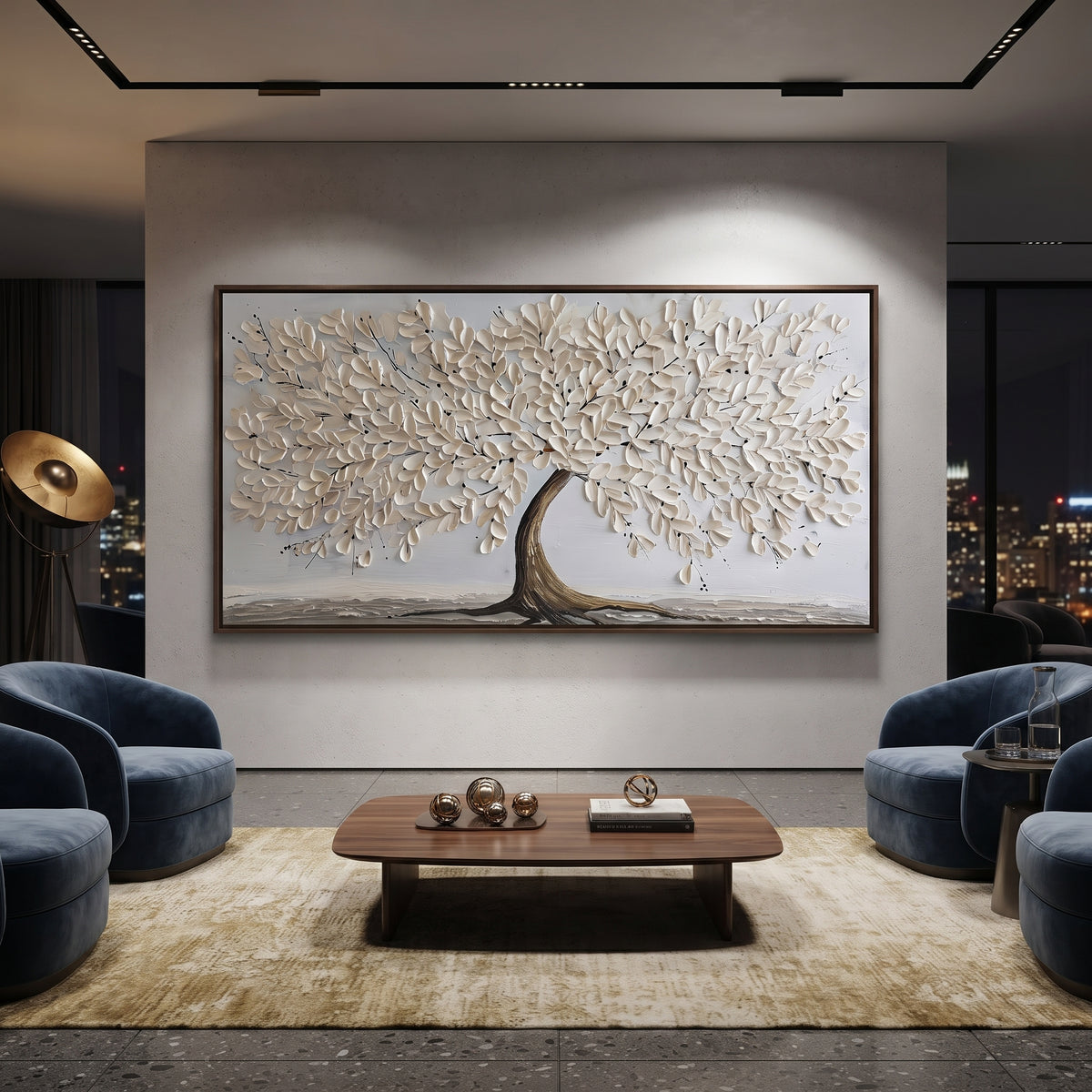 White Blossom Tree Relief focuses on this hand-painted textured canvas features a wide white blossom tree with a brown trunk, raised petal texture, and a soft grey ground. The composition is described from the actual main image, so the visible subject, color balance, spacing, and surface movement stay specific to this product instead of reading like a batch title. Raised palette-knife layers, sculpted impasto ridges, softened brush transitions, and tactile handmade texture give the canvas