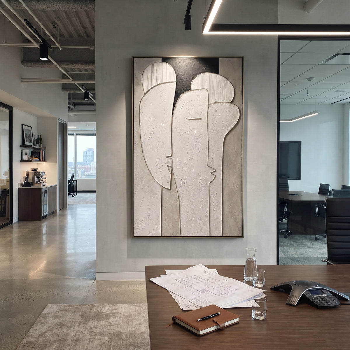 White Abstract Face Relief focuses on this hand-painted textured canvas features minimal white sculptural face and figure-like arches with natural plaster edges and a black negative-space accent. The composition is described from the actual main image, so the visible subject, color balance, spacing, and surface movement stay specific to this product instead of reading like a batch title. Raised palette-knife layers, sculpted impasto ridges, softened brush transitions, and tactile handmade