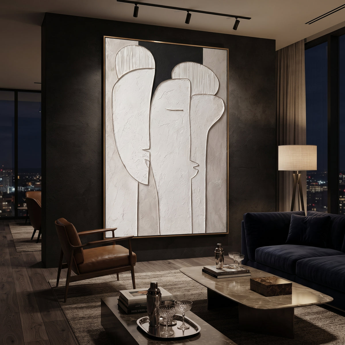 White Abstract Face Relief focuses on this hand-painted textured canvas features minimal white sculptural face and figure-like arches with natural plaster edges and a black negative-space accent. The composition is described from the actual main image, so the visible subject, color balance, spacing, and surface movement stay specific to this product instead of reading like a batch title. Raised palette-knife layers, sculpted impasto ridges, softened brush transitions, and tactile handmade
