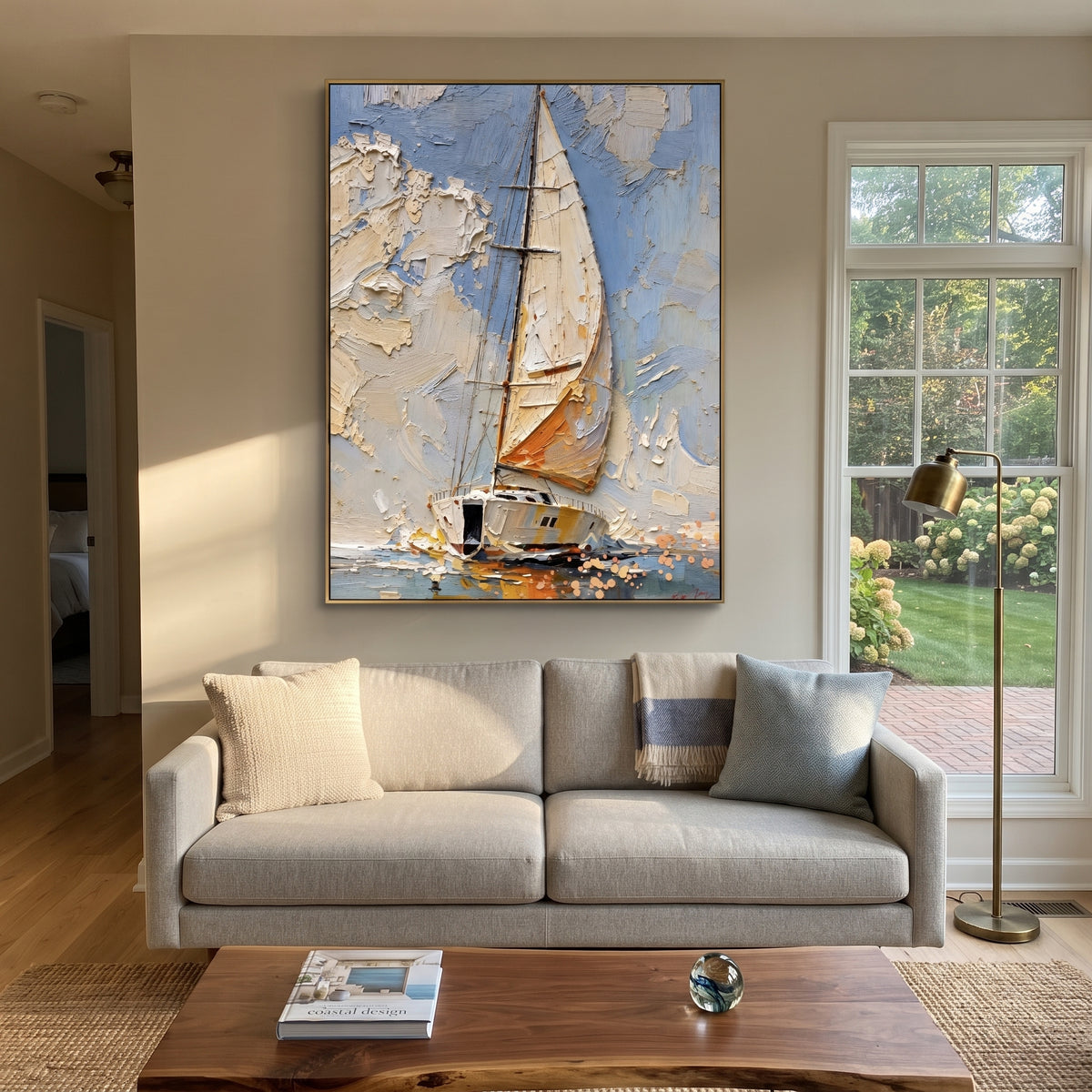 Pale Blue Sailboat Impasto focuses on this hand-painted textured canvas features a textured sailboat moving through pale blue water, warm shoreline tones, and thick impasto sky detail. The composition is described from the actual main image, so the visible subject, color balance, spacing, and surface movement stay specific to this product instead of reading like a batch title. Raised palette-knife layers, sculpted impasto ridges, softened brush transitions, and tactile handmade texture give the
