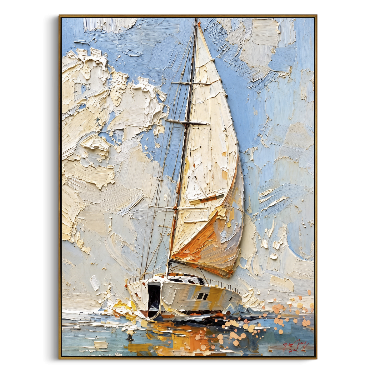 "Pale Blue Sailboat Impasto" - Modern Heavy Impasto Sailboat Seascape | Blue & White Palette Knife Painting | Luxury Vertical Wall Art #PT 1757