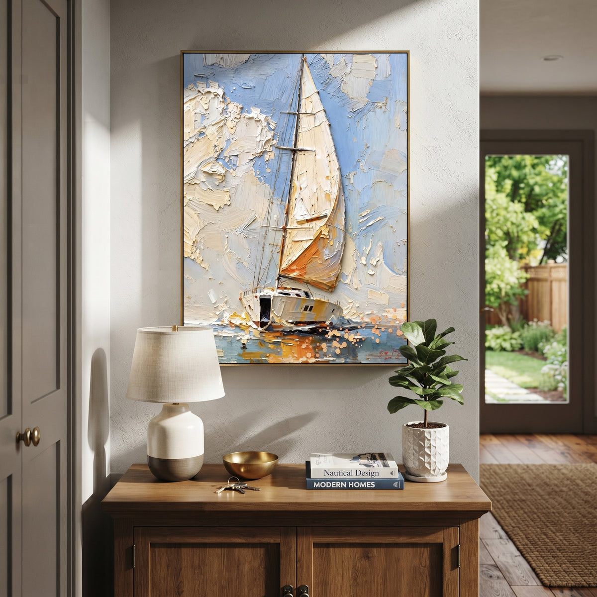 Pale Blue Sailboat Impasto focuses on this hand-painted textured canvas features a textured sailboat moving through pale blue water, warm shoreline tones, and thick impasto sky detail. The composition is described from the actual main image, so the visible subject, color balance, spacing, and surface movement stay specific to this product instead of reading like a batch title. Raised palette-knife layers, sculpted impasto ridges, softened brush transitions, and tactile handmade texture give the