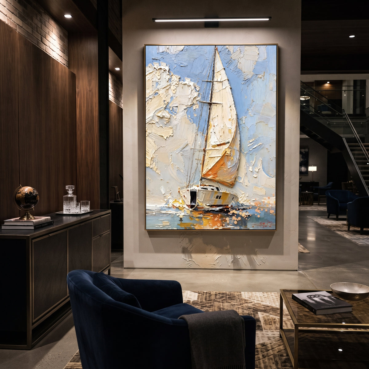 Pale Blue Sailboat Impasto focuses on this hand-painted textured canvas features a textured sailboat moving through pale blue water, warm shoreline tones, and thick impasto sky detail. The composition is described from the actual main image, so the visible subject, color balance, spacing, and surface movement stay specific to this product instead of reading like a batch title. Raised palette-knife layers, sculpted impasto ridges, softened brush transitions, and tactile handmade texture give the