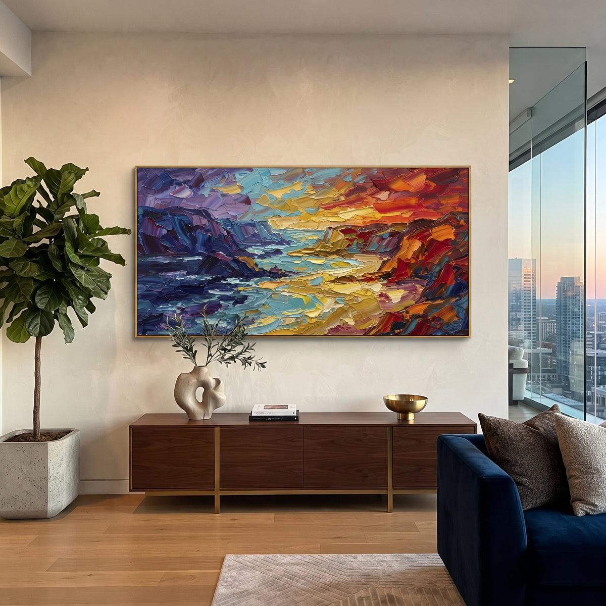 Colorful Cliff Coast Seascape focuses on this hand-painted textured canvas features a vivid coastal cliff scene with blue sea, purple-orange rock forms, heavy texture, and a small sailboat accent. The composition is described from the actual main image, so the visible subject, color balance, spacing, and surface movement stay specific to this product instead of reading like a batch title. Raised palette-knife layers, sculpted impasto ridges, softened brush transitions, and tactile handmade