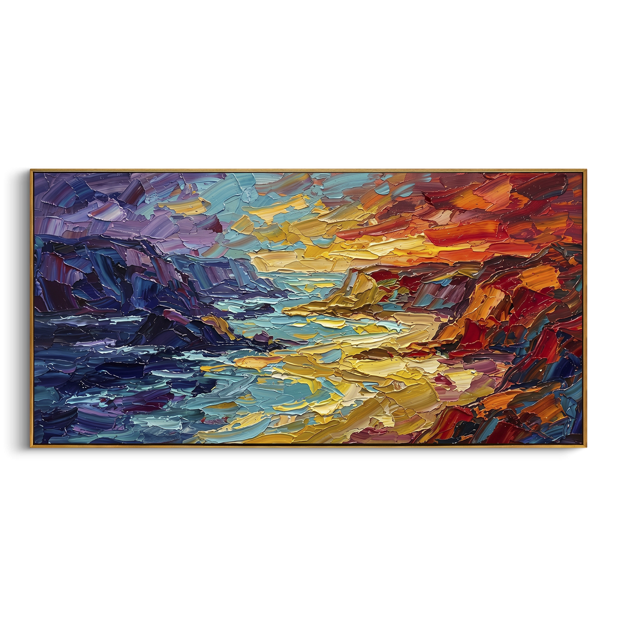 "Colorful Cliff Coast Seascape" - Modern Heavy Impasto Sailboat Seascape | Blue & Purple Palette Knife Painting | Luxury Horizontal Wall Art #PT 1758