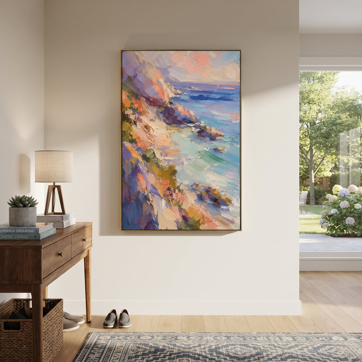 Vivid Sunset Coastal Cliff focuses on this hand-painted textured canvas features a wide colorful sunset coast with orange cliffs, blue water, purple shadows, and thick palette-knife texture. The composition is described from the actual main image, so the visible subject, color balance, spacing, and surface movement stay specific to this product instead of reading like a batch title. Raised palette-knife layers, sculpted impasto ridges, softened brush transitions, and tactile handmade texture