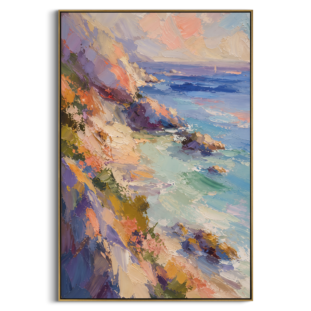 Vivid Sunset Coastal Cliff focuses on this hand-painted textured canvas features a wide colorful sunset coast with orange cliffs, blue water, purple shadows, and thick palette-knife texture. The composition is described from the actual main image, so the visible subject, color balance, spacing, and surface movement stay specific to this product instead of reading like a batch title. Raised palette-knife layers, sculpted impasto ridges, softened brush transitions, and tactile handmade texture