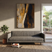 Black Gold Angular Texture Relief focuses on this hand-painted textured canvas features white spiral and ribbed circular relief forms with soft grey shadows and quiet minimalist movement. The title and description are matched to the actual main image, so the visible subject, color balance, spacing, and surface movement stay specific to this product instead of using a repeated batch phrase. Raised palette-knife layers, sculpted impasto ridges, softened brush transitions, and tactile handmade