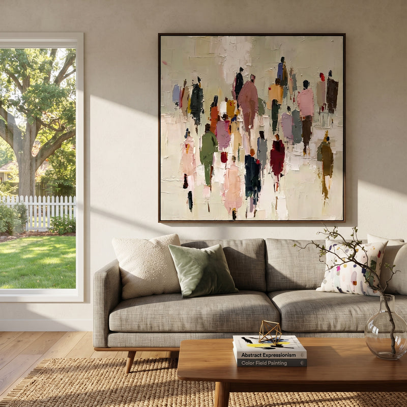 "Colorful Umbrella Crowd" - Modern Heavy Impasto Abstract Artwork | Yellow & Orange Palette Knife Painting | Luxury Square Wall Art #PT 1762