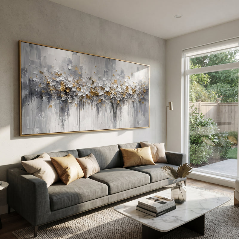 "Grey Gold Abstract Texture" - Modern Heavy Impasto Botanical Tree Artwork | Grey & White Palette Knife Painting | Luxury Horizontal Wall Art #PT 1764