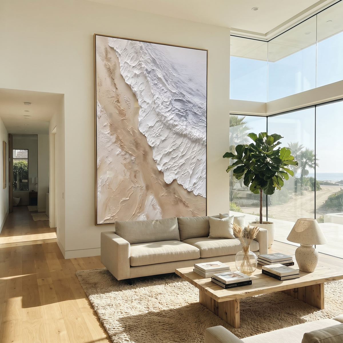 Neutral Diagonal Shoreline Relief focuses on this hand-painted textured canvas features an aerial shoreline-like relief with beige sand tones, white raised surf texture, and cool grey water movement. The title and description are matched to the actual main image, so the visible subject, color balance, spacing, and surface movement stay specific to this product instead of using a repeated batch phrase. Raised palette-knife layers, sculpted impasto ridges, softened brush transitions, and tactile
