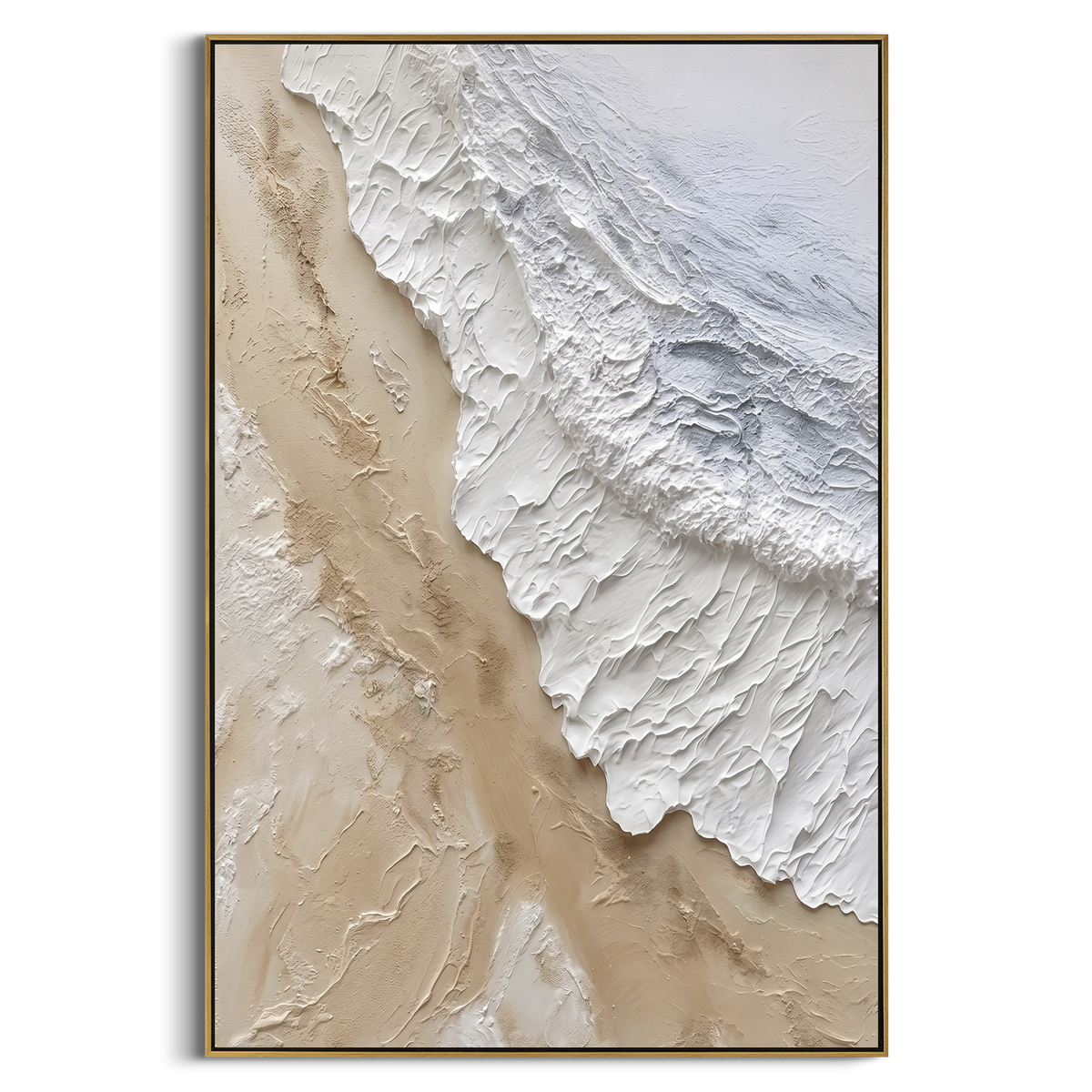 Neutral Diagonal Shoreline Relief focuses on this hand-painted textured canvas features an aerial shoreline-like relief with beige sand tones, white raised surf texture, and cool grey water movement. The title and description are matched to the actual main image, so the visible subject, color balance, spacing, and surface movement stay specific to this product instead of using a repeated batch phrase. Raised palette-knife layers, sculpted impasto ridges, softened brush transitions, and tactile