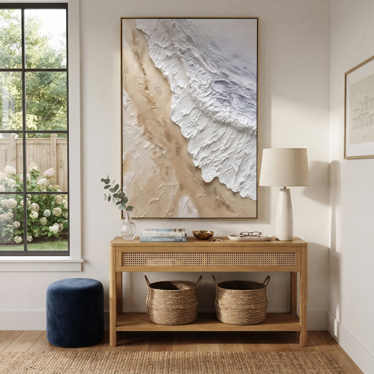 Neutral Diagonal Shoreline Relief focuses on this hand-painted textured canvas features an aerial shoreline-like relief with beige sand tones, white raised surf texture, and cool grey water movement. The title and description are matched to the actual main image, so the visible subject, color balance, spacing, and surface movement stay specific to this product instead of using a repeated batch phrase. Raised palette-knife layers, sculpted impasto ridges, softened brush transitions, and tactile