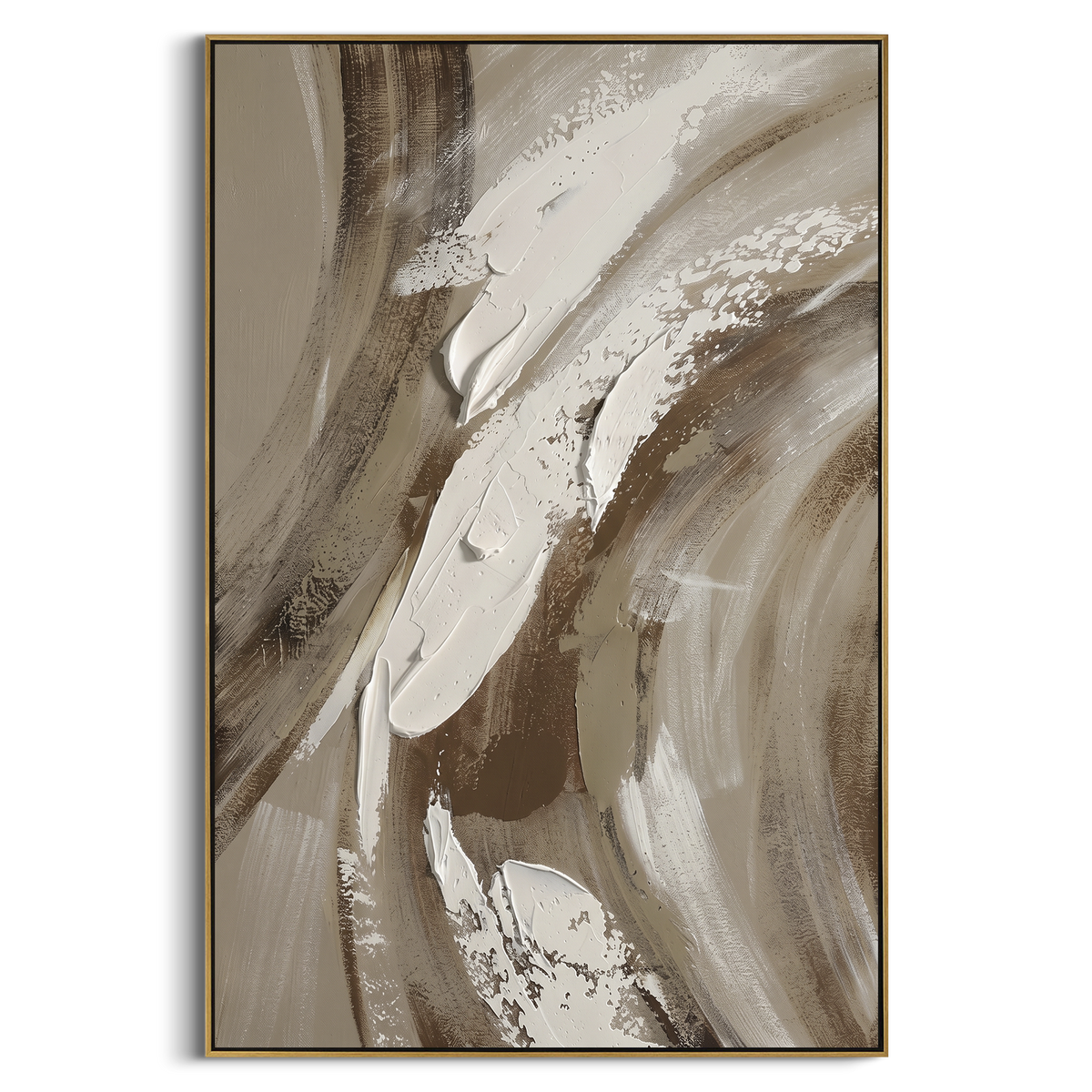 Taupe White Sweeping Abstract focuses on this hand-painted textured canvas features sweeping taupe and brown brush arcs with raised white palette-knife strokes and soft neutral motion. The composition is described from the actual main image, so the visible subject, color balance, spacing, and surface movement stay specific to this product instead of reading like a batch title. Raised palette-knife layers, sculpted impasto ridges, softened brush transitions, and tactile handmade texture give the