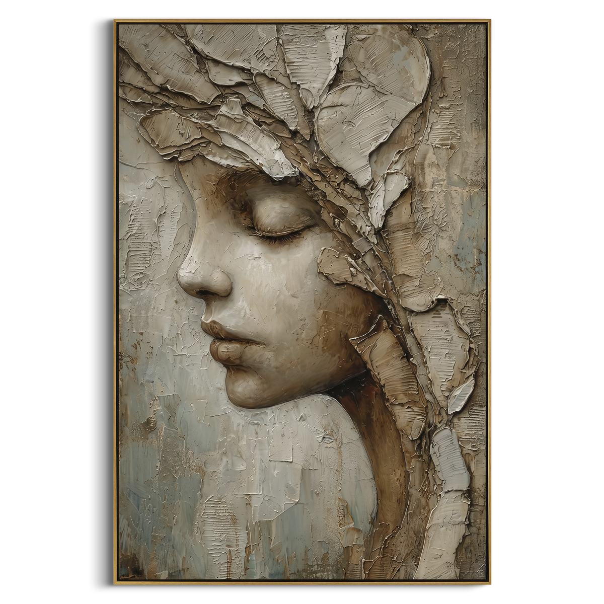"Textured Woman Profile Relief" - Modern Heavy Impasto Botanical Tree Artwork | Brown & Beige Palette Knife Painting | Luxury Vertical Wall Art #PT 1767