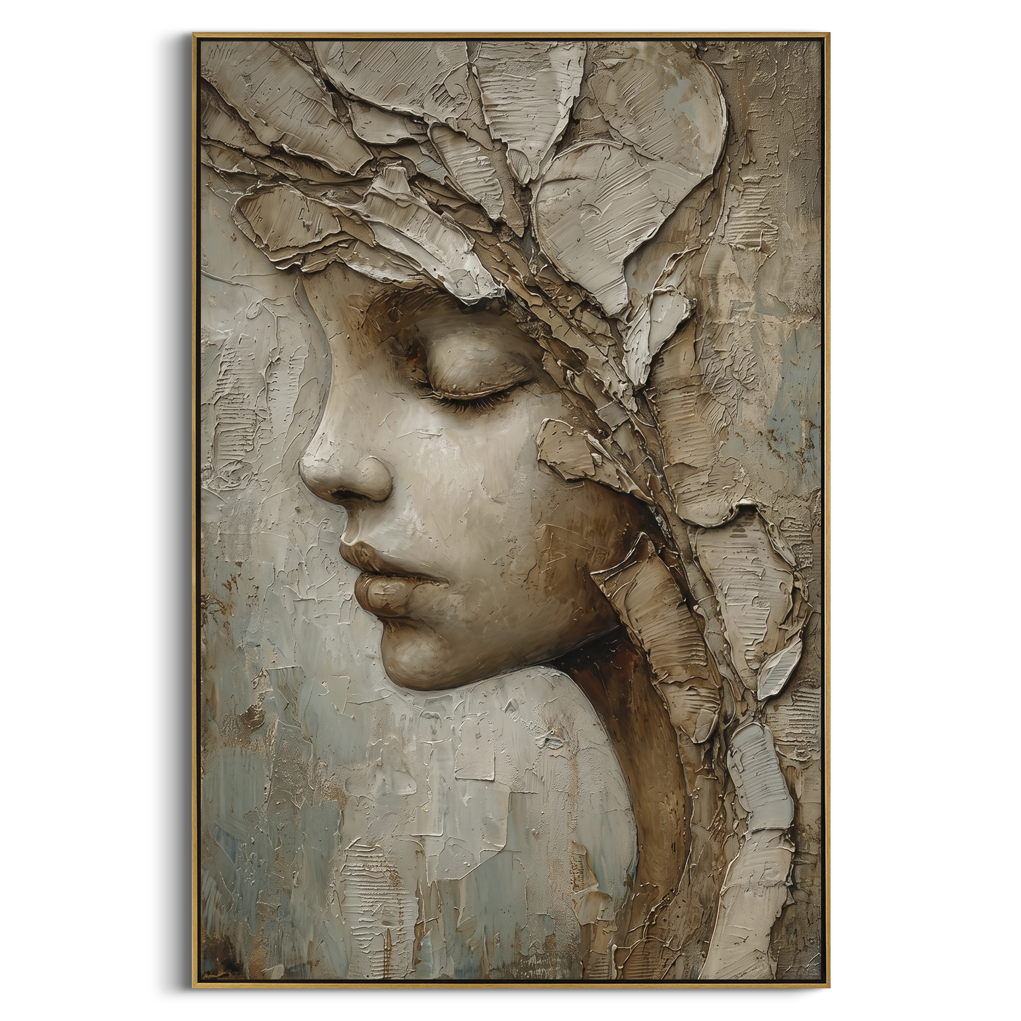 Textured Woman Profile Relief focuses on this hand-painted textured canvas features a serene woman profile with closed eyes, sculptural leaf-like hair texture, and layered neutral plaster detail. The composition is described from the actual main image, so the visible subject, color balance, spacing, and surface movement stay specific to this product instead of reading like a batch title. Raised palette-knife layers, sculpted impasto ridges, softened brush transitions, and tactile handmade