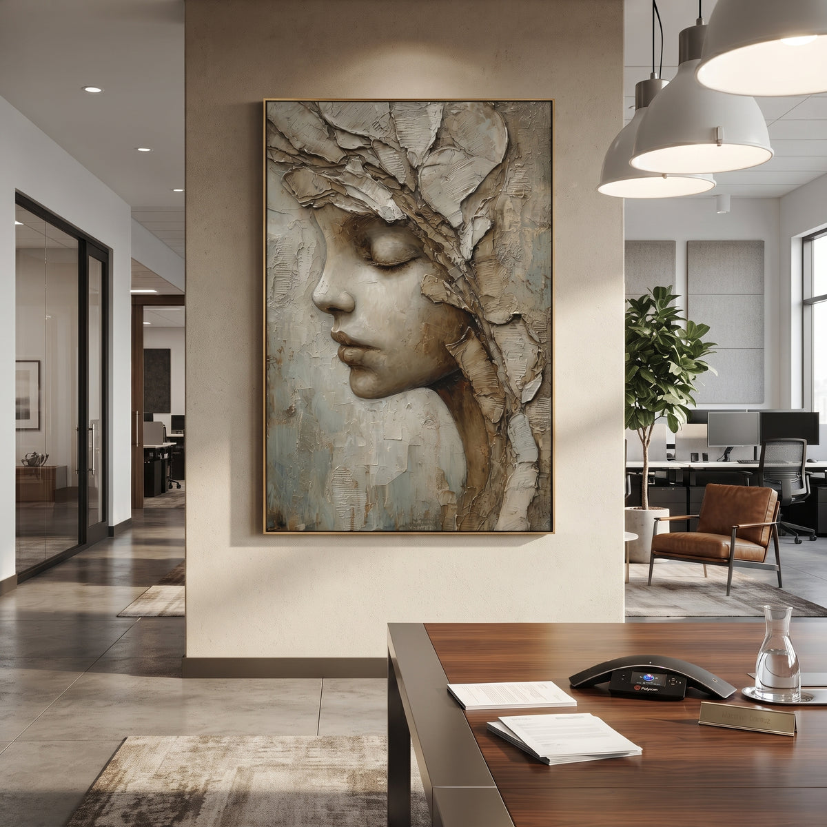 Textured Woman Profile Relief focuses on this hand-painted textured canvas features a serene woman profile with closed eyes, sculptural leaf-like hair texture, and layered neutral plaster detail. The composition is described from the actual main image, so the visible subject, color balance, spacing, and surface movement stay specific to this product instead of reading like a batch title. Raised palette-knife layers, sculpted impasto ridges, softened brush transitions, and tactile handmade