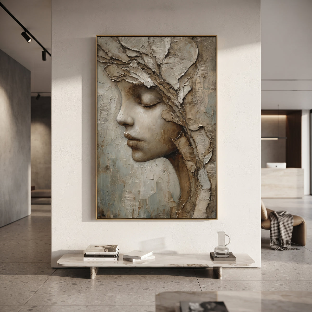 Textured Woman Profile Relief focuses on this hand-painted textured canvas features a serene woman profile with closed eyes, sculptural leaf-like hair texture, and layered neutral plaster detail. The composition is described from the actual main image, so the visible subject, color balance, spacing, and surface movement stay specific to this product instead of reading like a batch title. Raised palette-knife layers, sculpted impasto ridges, softened brush transitions, and tactile handmade