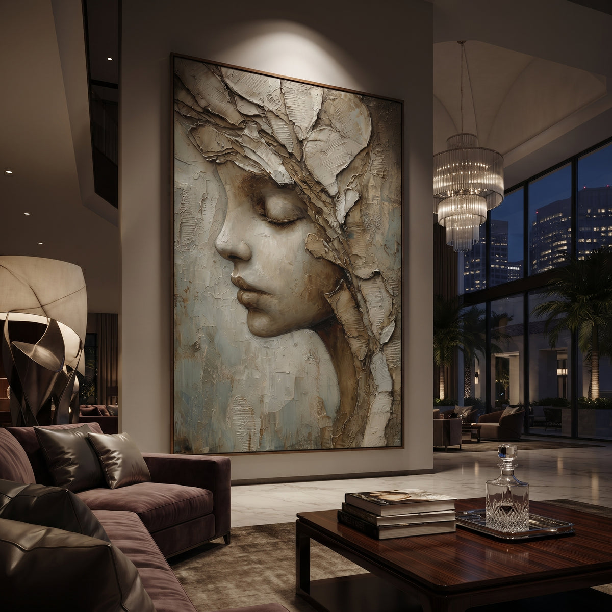 Textured Woman Profile Relief focuses on this hand-painted textured canvas features a serene woman profile with closed eyes, sculptural leaf-like hair texture, and layered neutral plaster detail. The composition is described from the actual main image, so the visible subject, color balance, spacing, and surface movement stay specific to this product instead of reading like a batch title. Raised palette-knife layers, sculpted impasto ridges, softened brush transitions, and tactile handmade