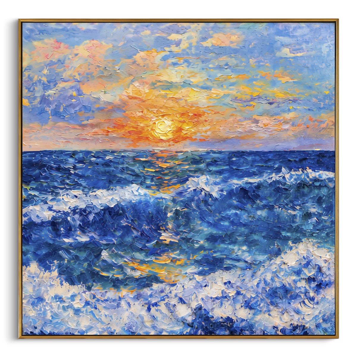 Sunset Ocean Wave Impasto focuses on this hand-painted textured canvas features a glowing ocean sunset with deep blue waves, orange-yellow sky light, and thick impasto surf texture. The composition is described from the actual main image, so the visible subject, color balance, spacing, and surface movement stay specific to this product instead of reading like a batch title. Raised palette-knife layers, sculpted impasto ridges, softened brush transitions, and tactile handmade texture give the