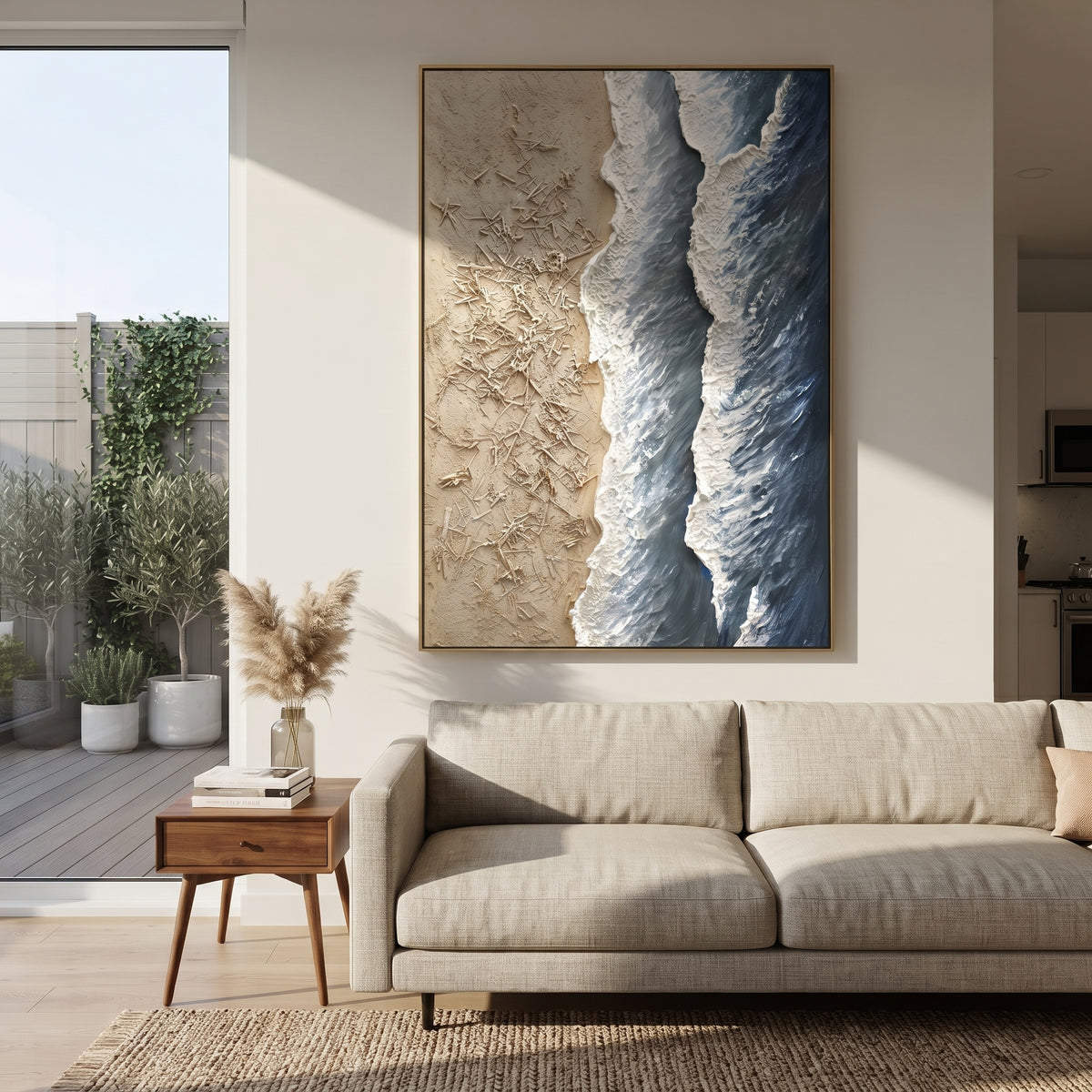 Aerial Blue Shore Relief focuses on this hand-painted textured canvas features a vertical aerial shoreline with textured beige sand, blue water bands, and raised white foam ridges. The composition is described from the actual main image, so the visible subject, color balance, spacing, and surface movement stay specific to this product instead of reading like a batch title. Raised palette-knife layers, sculpted impasto ridges, softened brush transitions, and tactile handmade texture give the