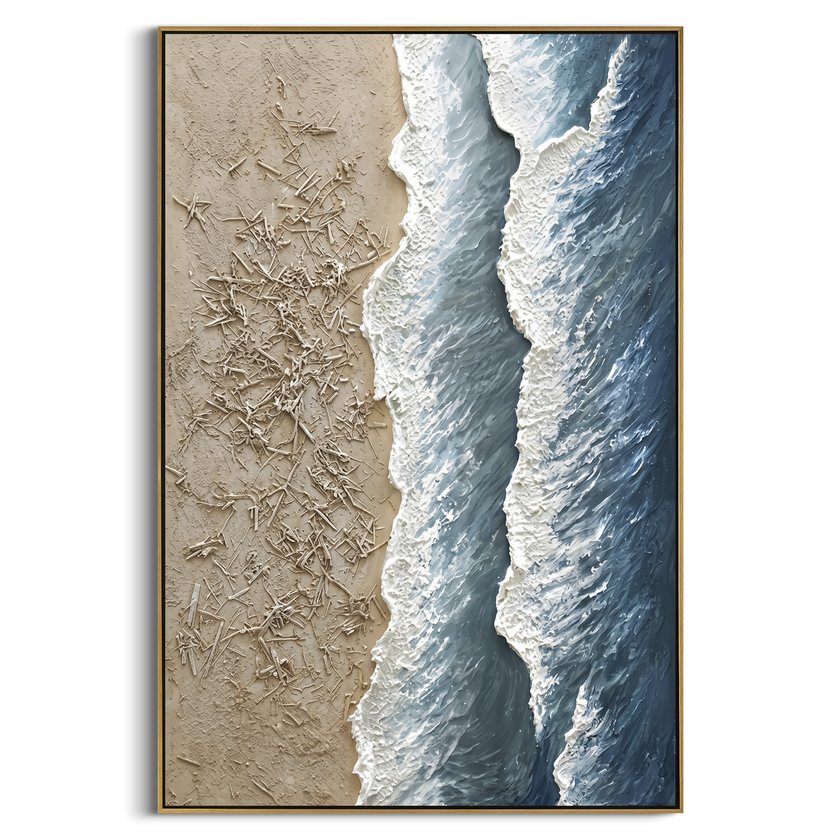 Aerial Blue Shore Relief focuses on this hand-painted textured canvas features a vertical aerial shoreline with textured beige sand, blue water bands, and raised white foam ridges. The composition is described from the actual main image, so the visible subject, color balance, spacing, and surface movement stay specific to this product instead of reading like a batch title. Raised palette-knife layers, sculpted impasto ridges, softened brush transitions, and tactile handmade texture give the