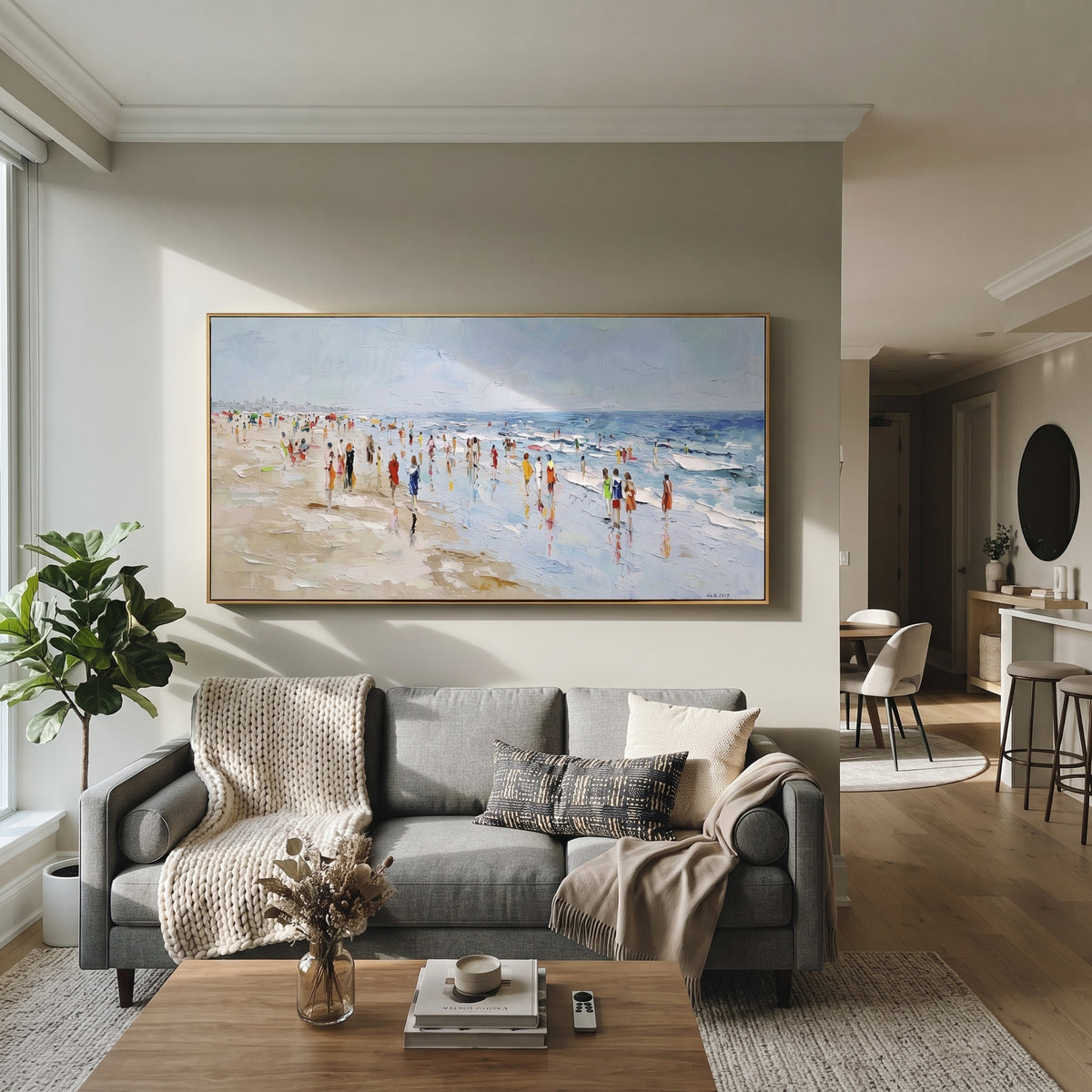Busy Beach Crowd Impasto focuses on this hand-painted textured canvas features a wide bright beach scene with small colorful figures, soft surf, pale sky, and thick palette-knife texture. The composition is described from the actual main image, so the visible subject, color balance, spacing, and surface movement stay specific to this product instead of reading like a batch title. Raised palette-knife layers, sculpted impasto ridges, softened brush transitions, and tactile handmade texture give
