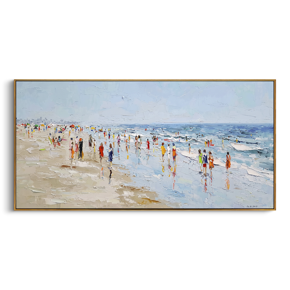 Busy Beach Crowd Impasto focuses on this hand-painted textured canvas features a wide bright beach scene with small colorful figures, soft surf, pale sky, and thick palette-knife texture. The composition is described from the actual main image, so the visible subject, color balance, spacing, and surface movement stay specific to this product instead of reading like a batch title. Raised palette-knife layers, sculpted impasto ridges, softened brush transitions, and tactile handmade texture give