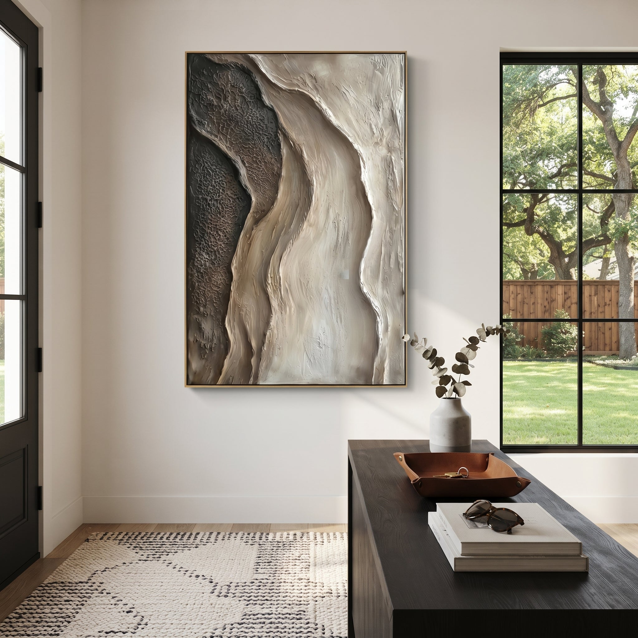 Black White Flowing Relief focuses on this hand-painted textured canvas features flowing black, brown, and ivory relief bands with organic vertical curves and rugged raised texture. The composition is described from the actual main image, so the visible subject, color balance, spacing, and surface movement stay specific to this product instead of reading like a batch title. Raised palette-knife layers, sculpted impasto ridges, softened brush transitions, and tactile handmade texture give the