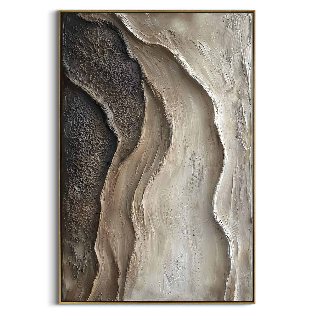 Black White Flowing Relief focuses on this hand-painted textured canvas features flowing black, brown, and ivory relief bands with organic vertical curves and rugged raised texture. The composition is described from the actual main image, so the visible subject, color balance, spacing, and surface movement stay specific to this product instead of reading like a batch title. Raised palette-knife layers, sculpted impasto ridges, softened brush transitions, and tactile handmade texture give the