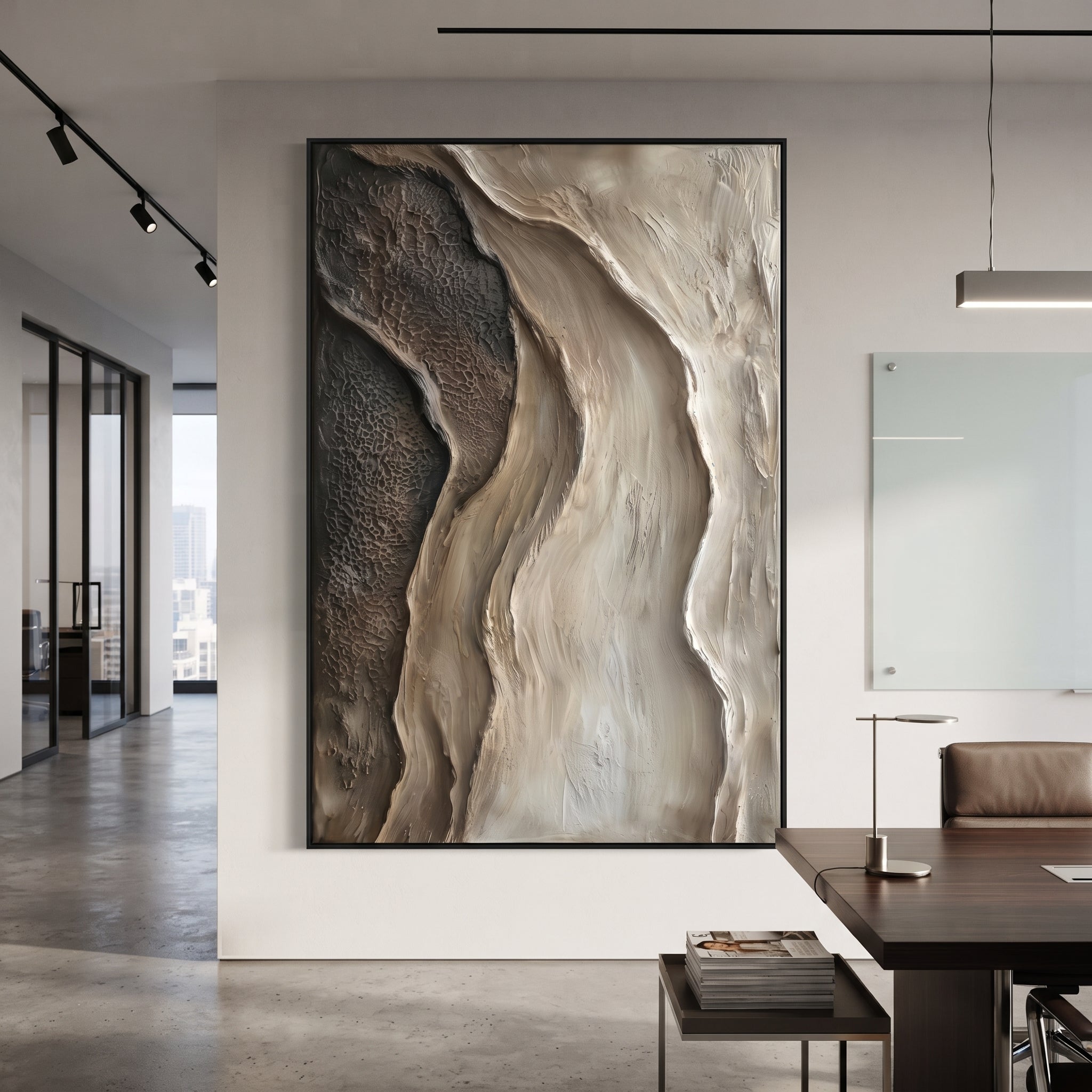 Black White Flowing Relief focuses on this hand-painted textured canvas features flowing black, brown, and ivory relief bands with organic vertical curves and rugged raised texture. The composition is described from the actual main image, so the visible subject, color balance, spacing, and surface movement stay specific to this product instead of reading like a batch title. Raised palette-knife layers, sculpted impasto ridges, softened brush transitions, and tactile handmade texture give the