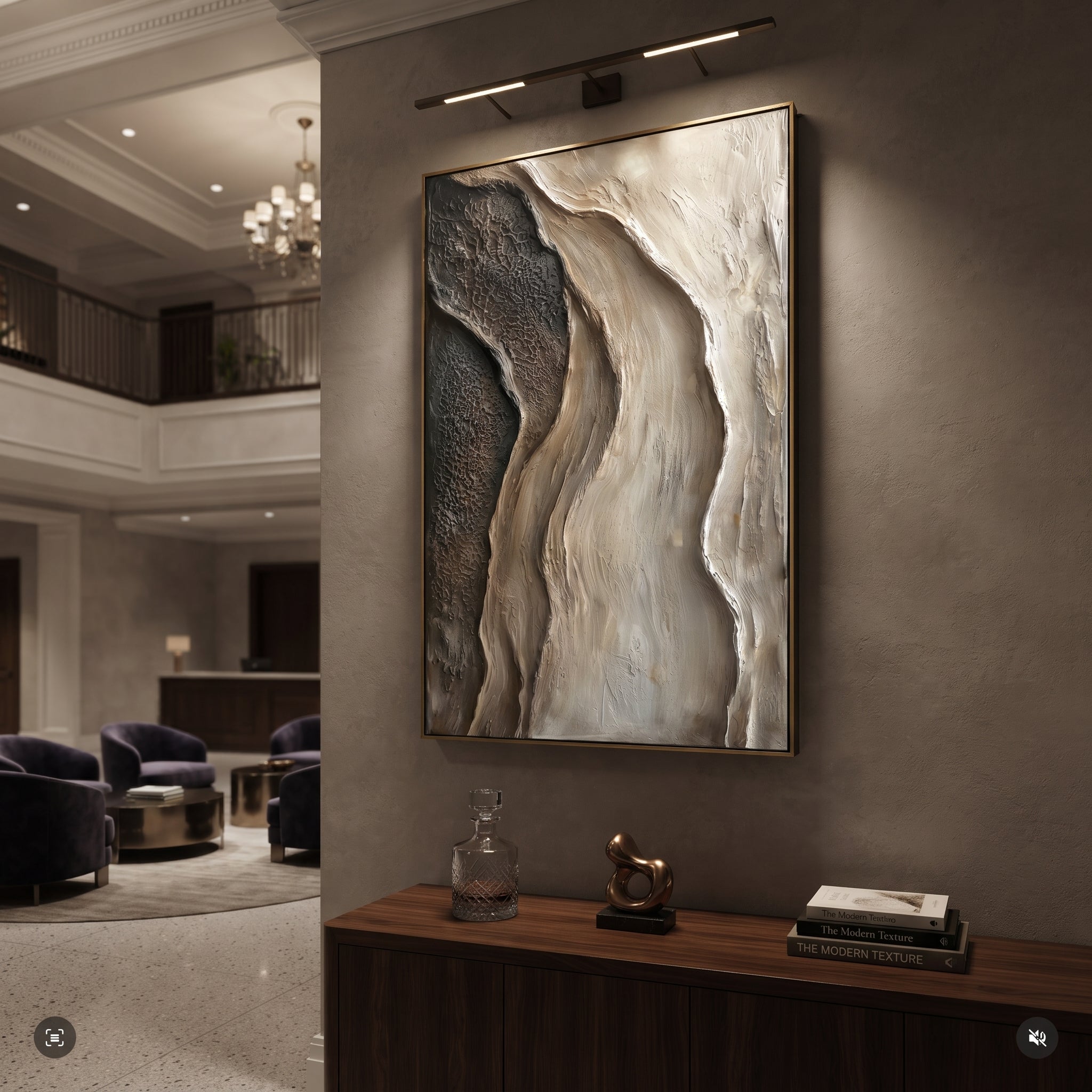 Black White Flowing Relief focuses on this hand-painted textured canvas features flowing black, brown, and ivory relief bands with organic vertical curves and rugged raised texture. The composition is described from the actual main image, so the visible subject, color balance, spacing, and surface movement stay specific to this product instead of reading like a batch title. Raised palette-knife layers, sculpted impasto ridges, softened brush transitions, and tactile handmade texture give the
