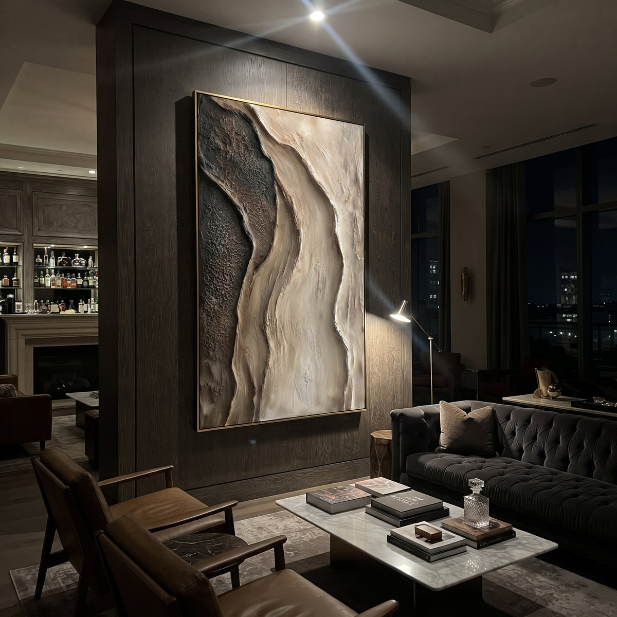 Black White Flowing Relief focuses on this hand-painted textured canvas features flowing black, brown, and ivory relief bands with organic vertical curves and rugged raised texture. The composition is described from the actual main image, so the visible subject, color balance, spacing, and surface movement stay specific to this product instead of reading like a batch title. Raised palette-knife layers, sculpted impasto ridges, softened brush transitions, and tactile handmade texture give the