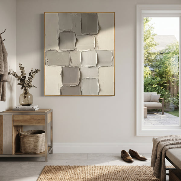 "Grey White Block Relief" - Modern Heavy Impasto Geometric Abstract | Grey & White Palette Knife Painting | Luxury Vertical Wall Art #PT 1772