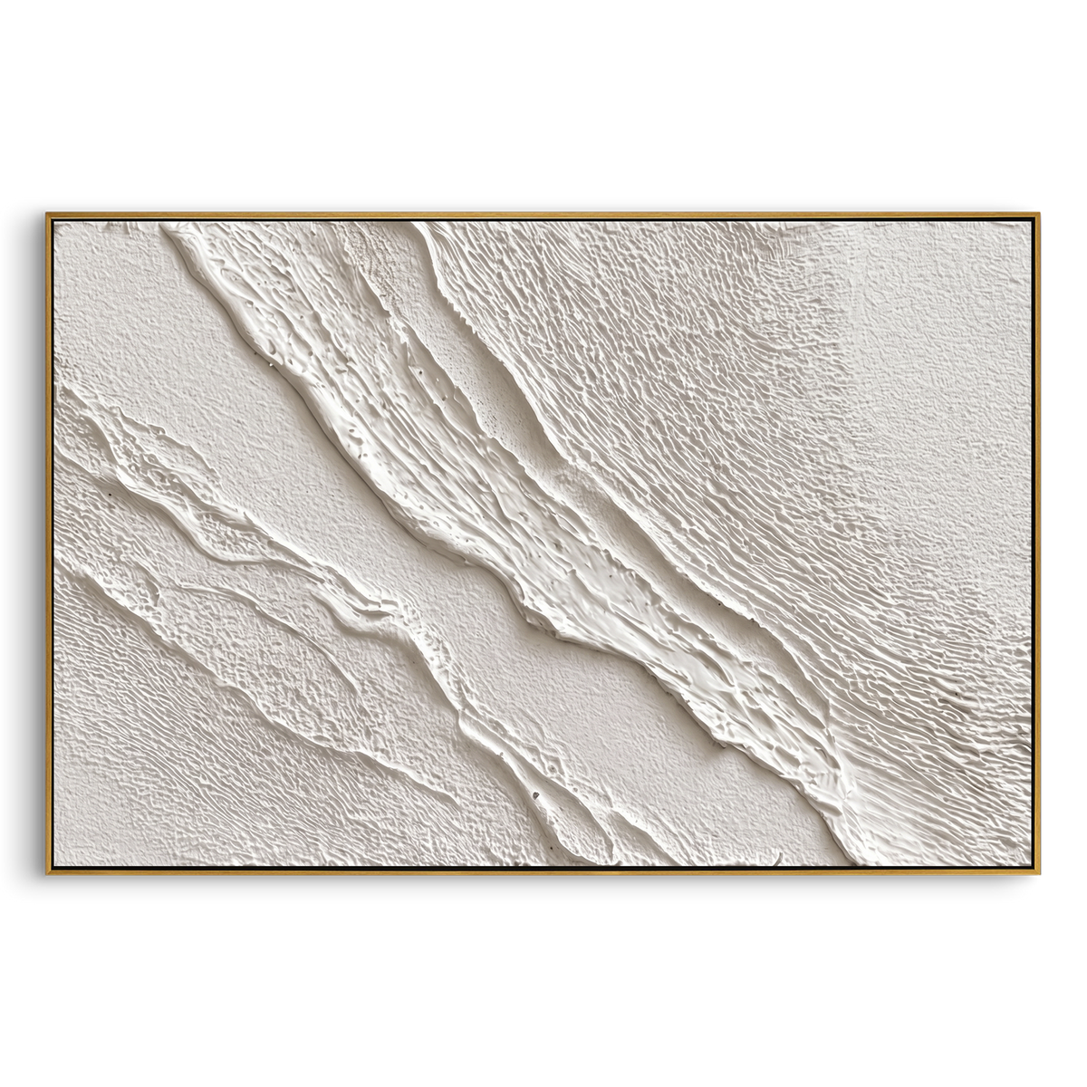 White Layered Ridge Relief focuses on this hand-painted textured canvas features a wide white relief surface with layered diagonal ridges, fine granular plaster texture, and subtle shadow depth. The composition is described from the actual main image, so the visible subject, color balance, spacing, and surface movement stay specific to this product instead of reading like a batch title. Raised palette-knife layers, sculpted impasto ridges, softened brush transitions, and tactile handmade texture