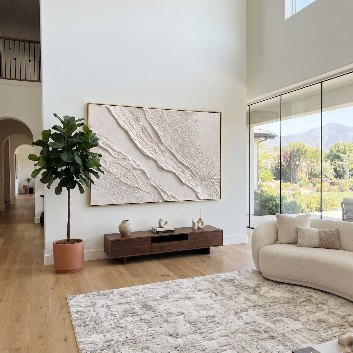 White Layered Ridge Relief focuses on this hand-painted textured canvas features a wide white relief surface with layered diagonal ridges, fine granular plaster texture, and subtle shadow depth. The composition is described from the actual main image, so the visible subject, color balance, spacing, and surface movement stay specific to this product instead of reading like a batch title. Raised palette-knife layers, sculpted impasto ridges, softened brush transitions, and tactile handmade texture