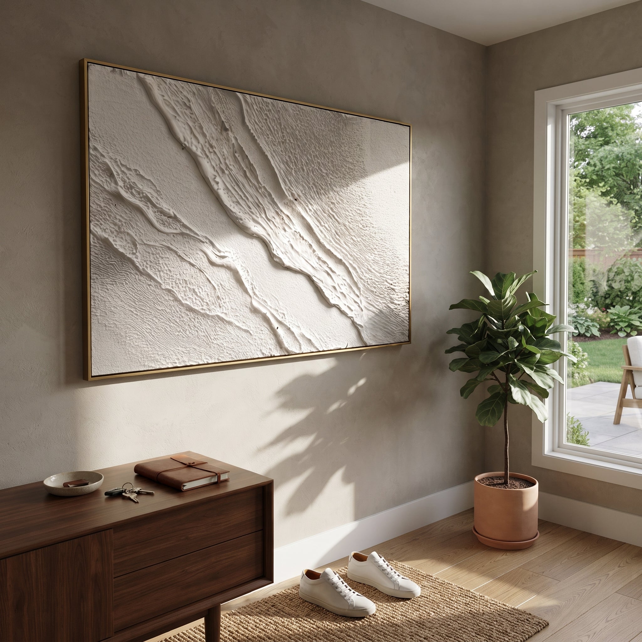 White Layered Ridge Relief focuses on this hand-painted textured canvas features a wide white relief surface with layered diagonal ridges, fine granular plaster texture, and subtle shadow depth. The composition is described from the actual main image, so the visible subject, color balance, spacing, and surface movement stay specific to this product instead of reading like a batch title. Raised palette-knife layers, sculpted impasto ridges, softened brush transitions, and tactile handmade texture