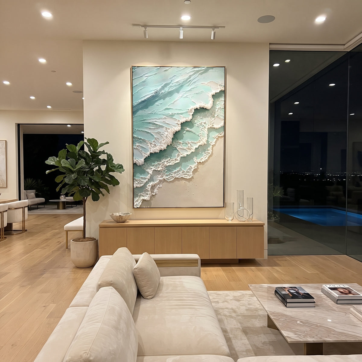 Aqua Foam Shore Relief focuses on this hand-painted textured canvas features aqua green shoreline layers with raised white foam ridges, lace-like surf texture, and soft sand tones. The composition is described from the actual main image, so the visible subject, color balance, spacing, and surface movement stay specific to this product instead of reading like a batch title. Raised palette-knife layers, sculpted impasto ridges, softened brush transitions, and tactile handmade texture give the