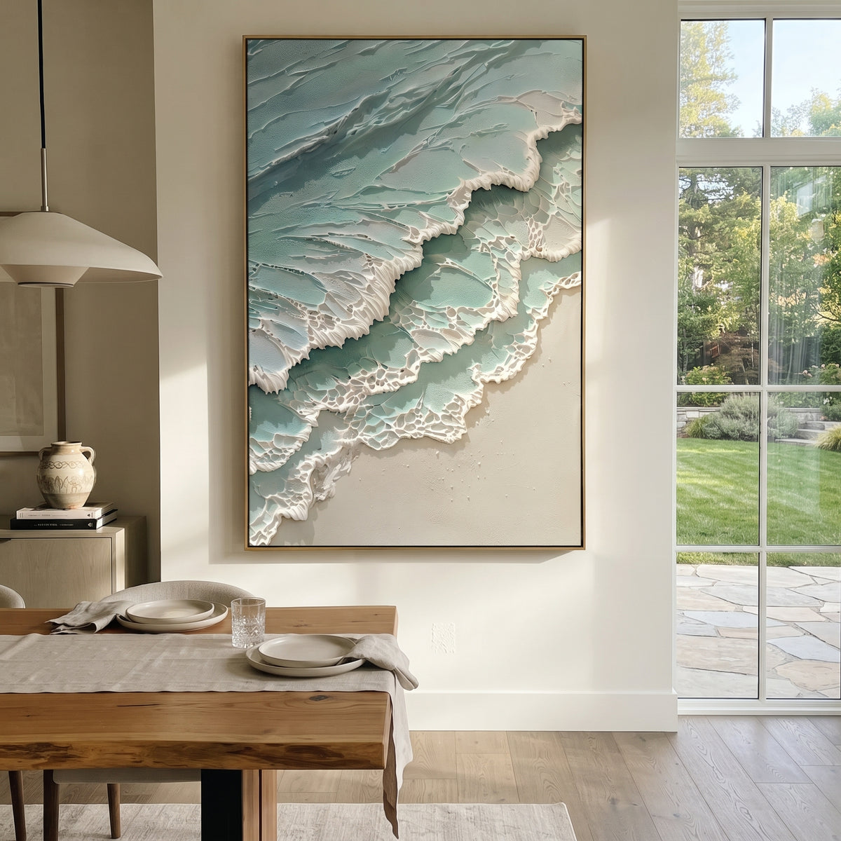 Aqua Foam Shore Relief focuses on this hand-painted textured canvas features aqua green shoreline layers with raised white foam ridges, lace-like surf texture, and soft sand tones. The composition is described from the actual main image, so the visible subject, color balance, spacing, and surface movement stay specific to this product instead of reading like a batch title. Raised palette-knife layers, sculpted impasto ridges, softened brush transitions, and tactile handmade texture give the