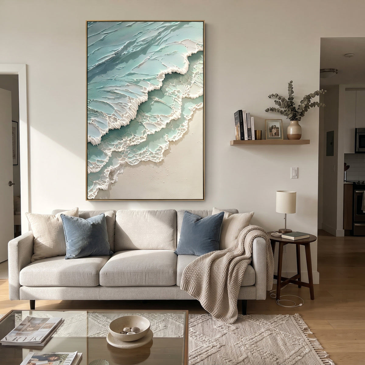 Aqua Foam Shore Relief focuses on this hand-painted textured canvas features aqua green shoreline layers with raised white foam ridges, lace-like surf texture, and soft sand tones. The composition is described from the actual main image, so the visible subject, color balance, spacing, and surface movement stay specific to this product instead of reading like a batch title. Raised palette-knife layers, sculpted impasto ridges, softened brush transitions, and tactile handmade texture give the