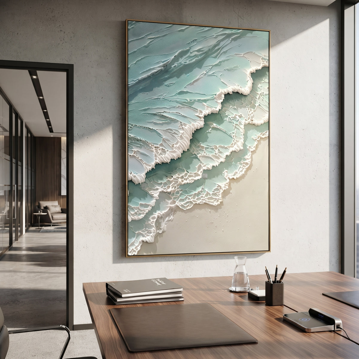 Aqua Foam Shore Relief focuses on this hand-painted textured canvas features aqua green shoreline layers with raised white foam ridges, lace-like surf texture, and soft sand tones. The composition is described from the actual main image, so the visible subject, color balance, spacing, and surface movement stay specific to this product instead of reading like a batch title. Raised palette-knife layers, sculpted impasto ridges, softened brush transitions, and tactile handmade texture give the