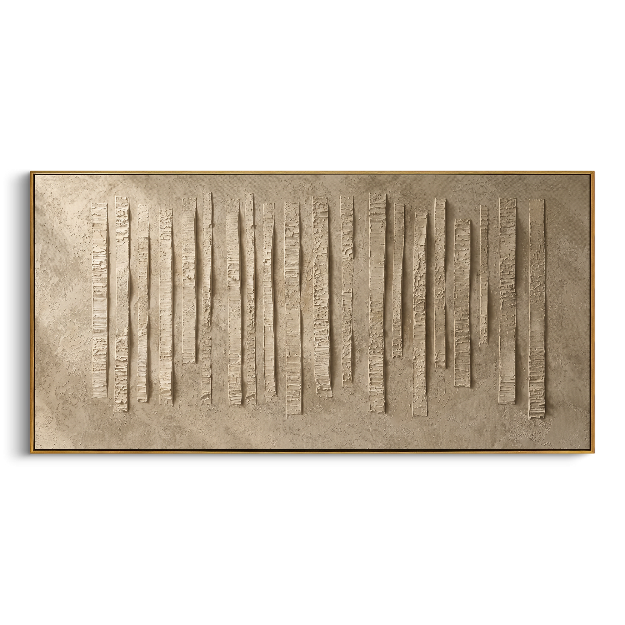 Beige Raised Bar Grid Relief focuses on this hand-painted textured canvas features a wide neutral field with raised vertical bar forms, carved plaster texture, and quiet architectural rhythm. The title and description are matched to the actual main image, so the visible subject, color balance, spacing, and surface movement stay specific to this product instead of using a repeated batch phrase. Raised palette-knife layers, sculpted impasto ridges, softened brush transitions, and tactile handmade